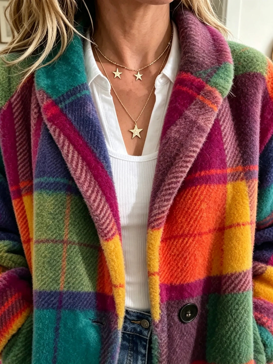 Close view of the notched lapel and front button on the plaid coat