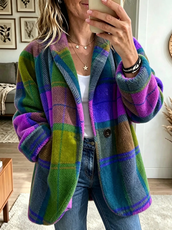 Purple and blue plaid lapel coat with patch pockets, front view