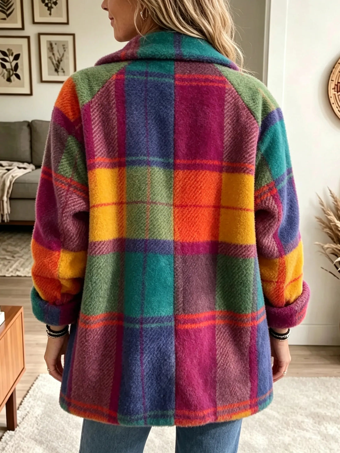 Yellow and red plaid lapel coat showing the hip length hem, back view