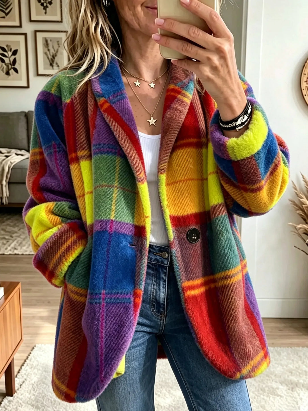 Yellow and red plaid lapel coat with notched lapels, front view