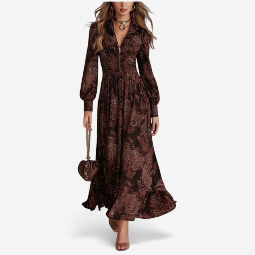 Brown paisley print maxi dress with long blouson sleeves, full front view