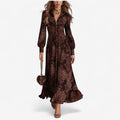 Brown paisley print maxi dress with long blouson sleeves, full front view