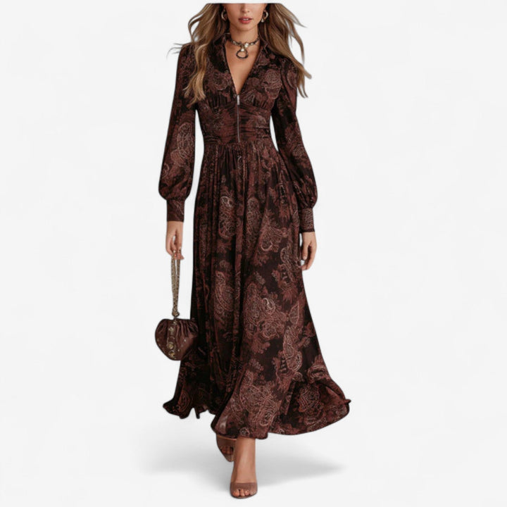 Brown paisley print maxi dress with long blouson sleeves, full front view