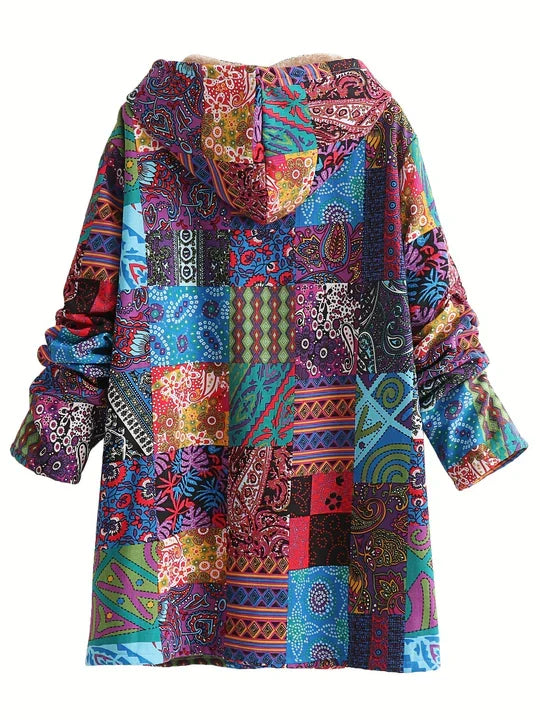 Blue patchwork print hooded jacket laid flat with a wide hood