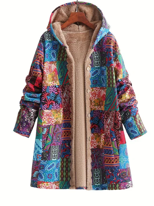 Blue patchwork print hooded jacket with sherpa lining on a hanger