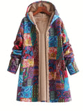 Blue patchwork print hooded jacket with sherpa lining on a hanger
