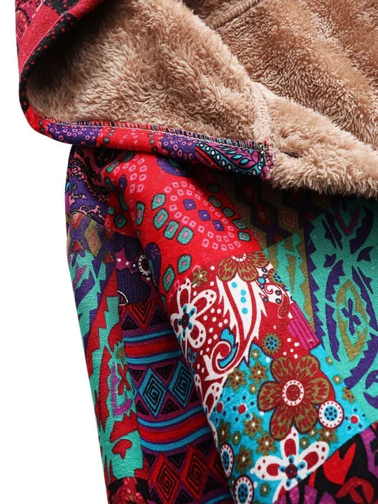 Close view of the sherpa lined hood on the patchwork jacket