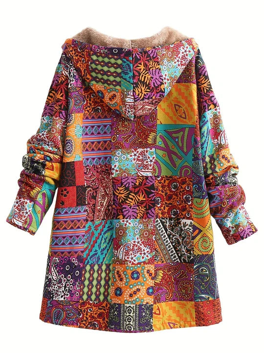 Orange patchwork print hooded jacket laid flat, front view