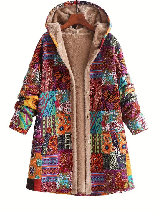 Red patchwork print hooded jacket with sherpa lining on a hanger