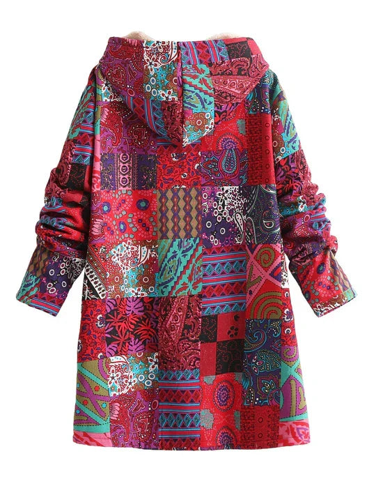 Red patchwork print hooded jacket with the hood up, front view