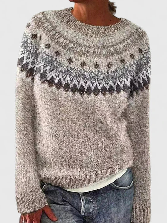 Patterned Yoke Sweater in Beige | Valenira