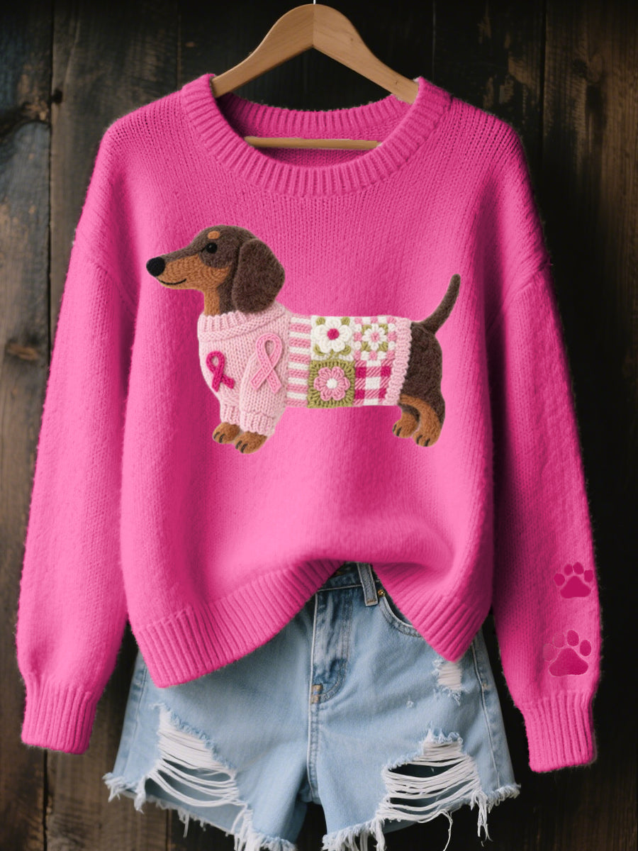 Pink knit sweater with an embroidered dachshund motif and paw prints on the sleeve