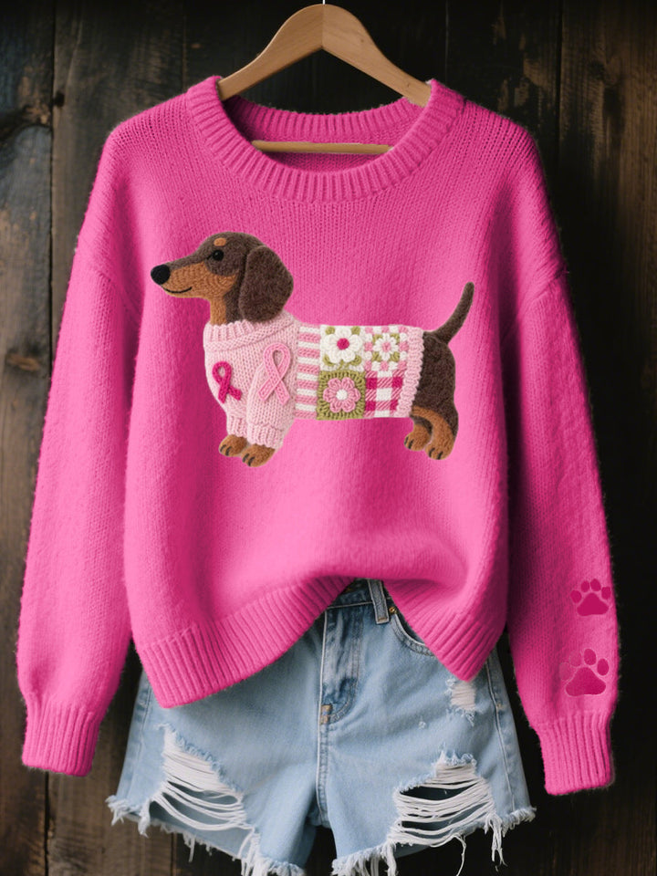 Pink knit sweater with an embroidered dachshund motif and paw prints on the sleeve
