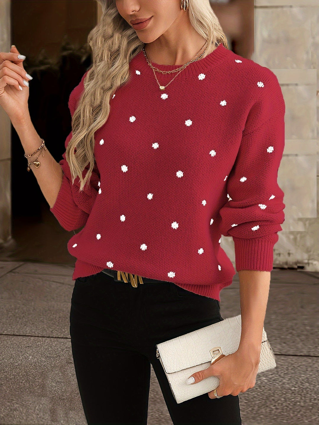 Polka Dot Knit Sweater in Red | Valenira