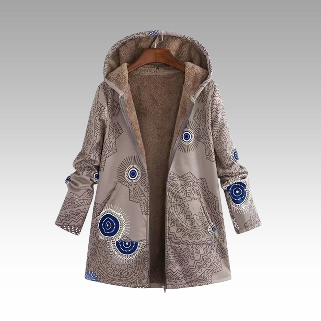 Beige printed hooded jacket with sherpa lining on a hanger, front view