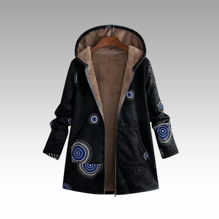 Black printed hooded jacket with sherpa lining on a hanger, front view