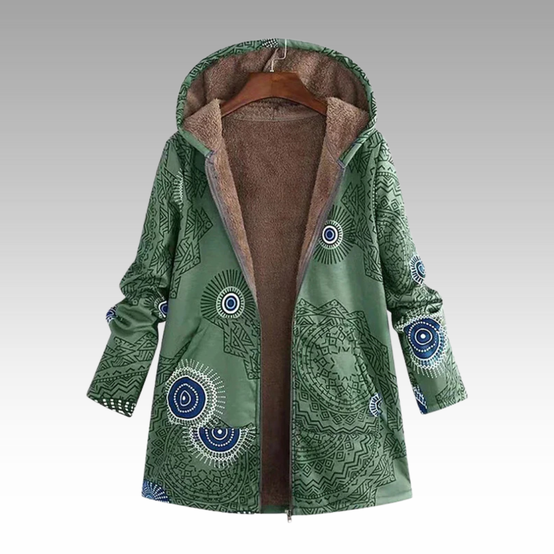 Green printed hooded jacket with sherpa lining on a hanger, front view