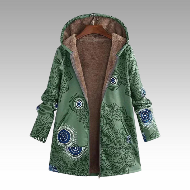 Green printed hooded jacket with sherpa lining on a hanger, front view
