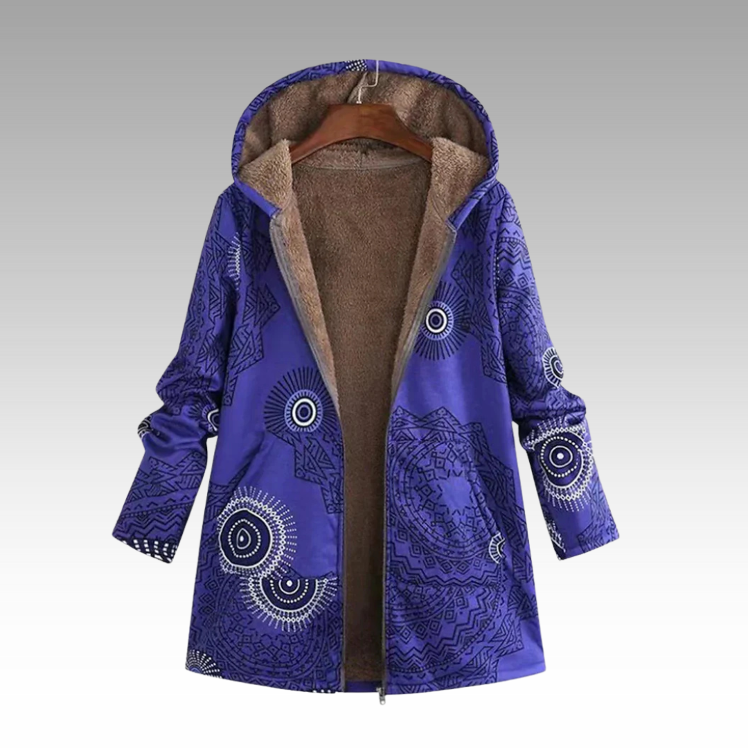 Purple printed hooded jacket with sherpa lining on a hanger, front view