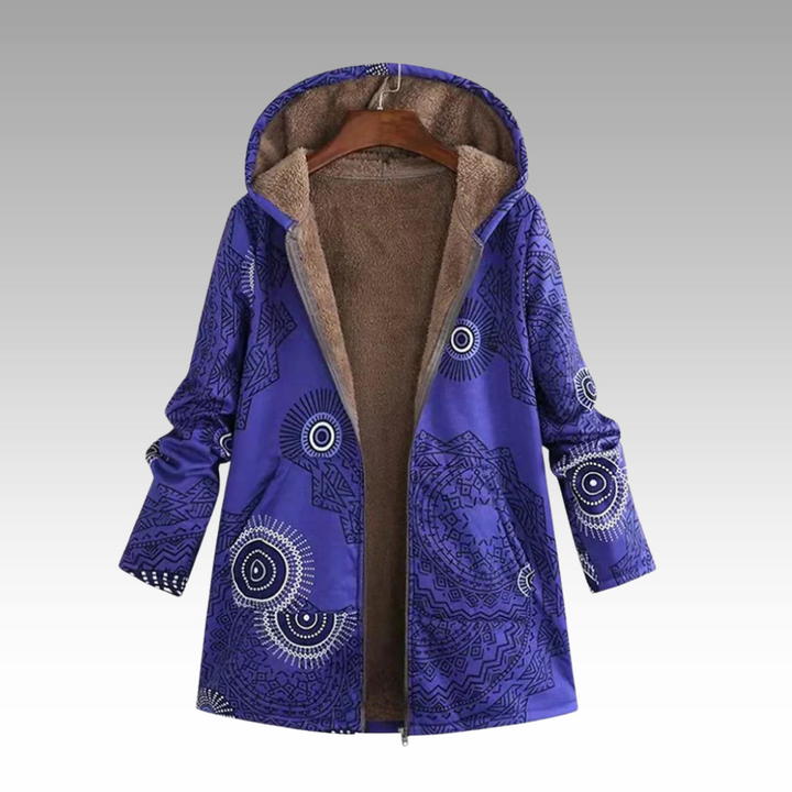 Purple printed hooded jacket with sherpa lining on a hanger, front view