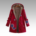Red printed hooded jacket with sherpa lining on a hanger, front view
