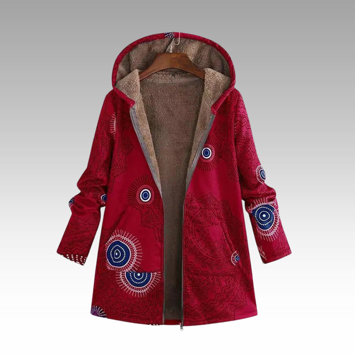 Red printed hooded jacket with sherpa lining on a hanger, front view