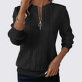 Black quarter zip sweater with cable knit texture and ring pull zipper, front view