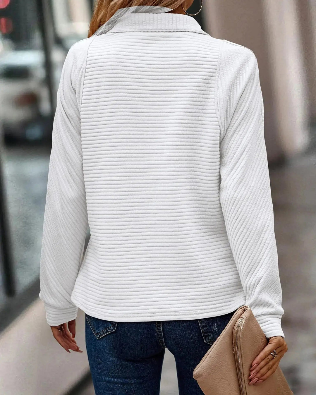 Quarter Zip Ribbed Pullover in White | Valenira