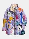 Lilac quilted jacket with a painted dog print and dark piping, flat view