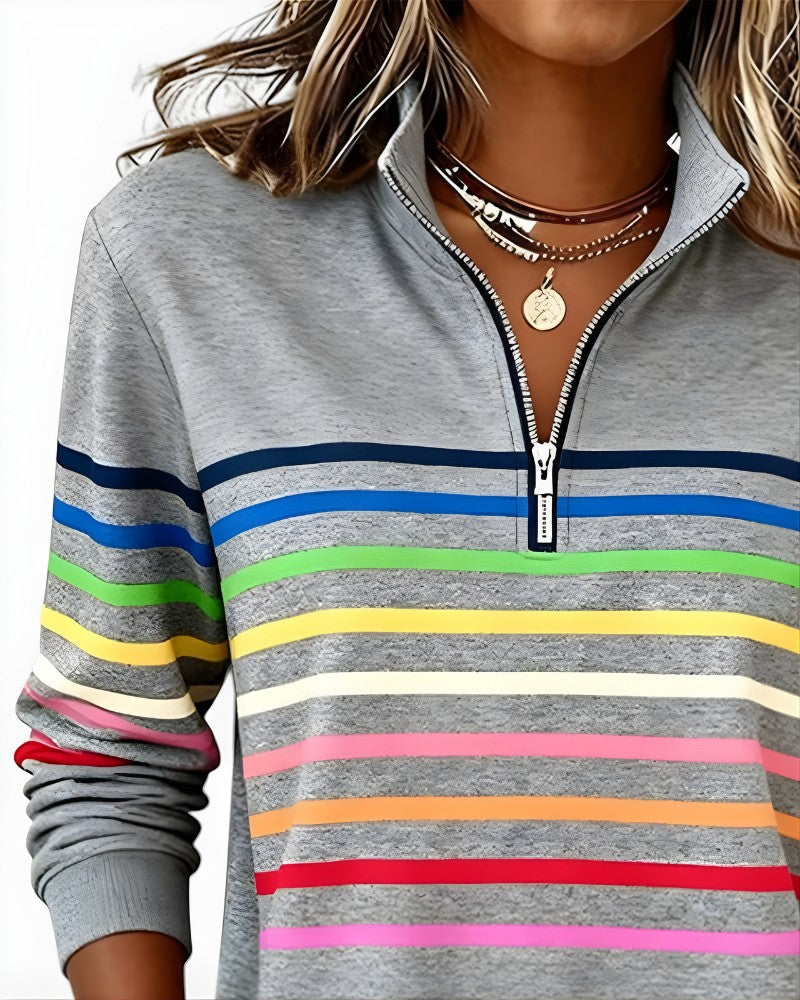 Close-up of the quarter zip and rainbow stripes on the gray pullover