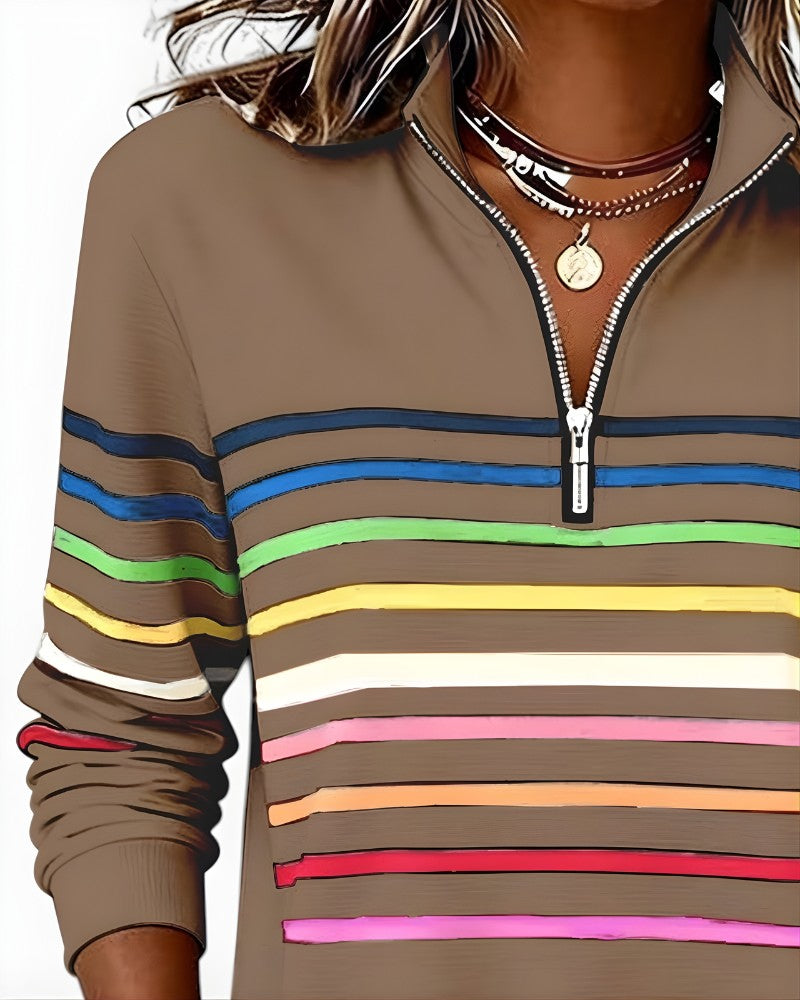 Close-up of the zip collar on the mocha rainbow stripe pullover
