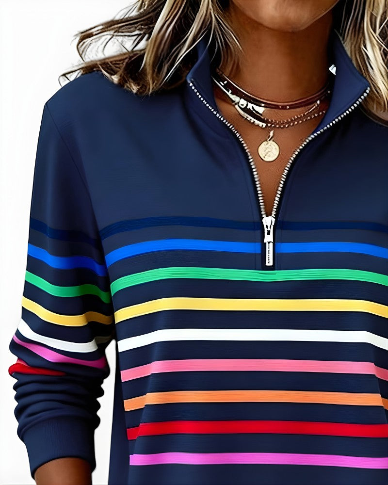 Close-up of the high zip collar on the navy rainbow stripe pullover