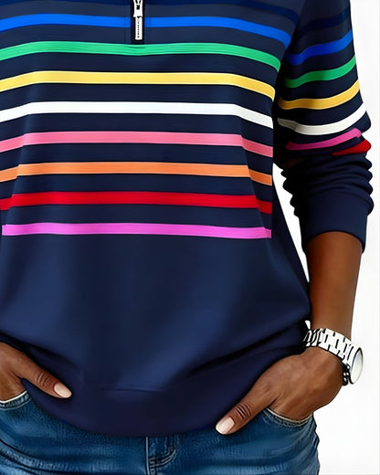 Close-up of the rainbow stripe band on the navy pullover