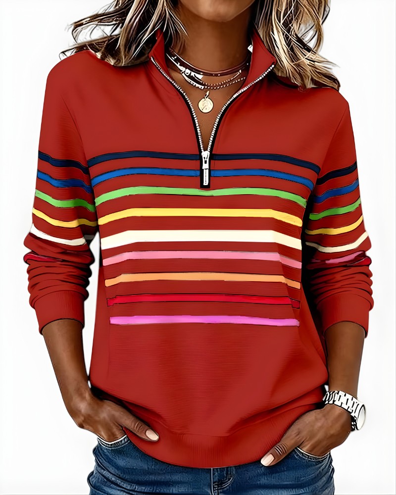 Red rainbow stripe quarter zip pullover, front view