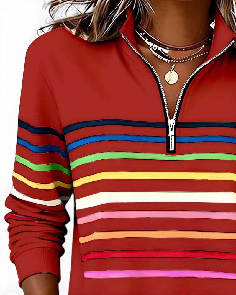 Close-up of the zip collar on the red rainbow stripe pullover