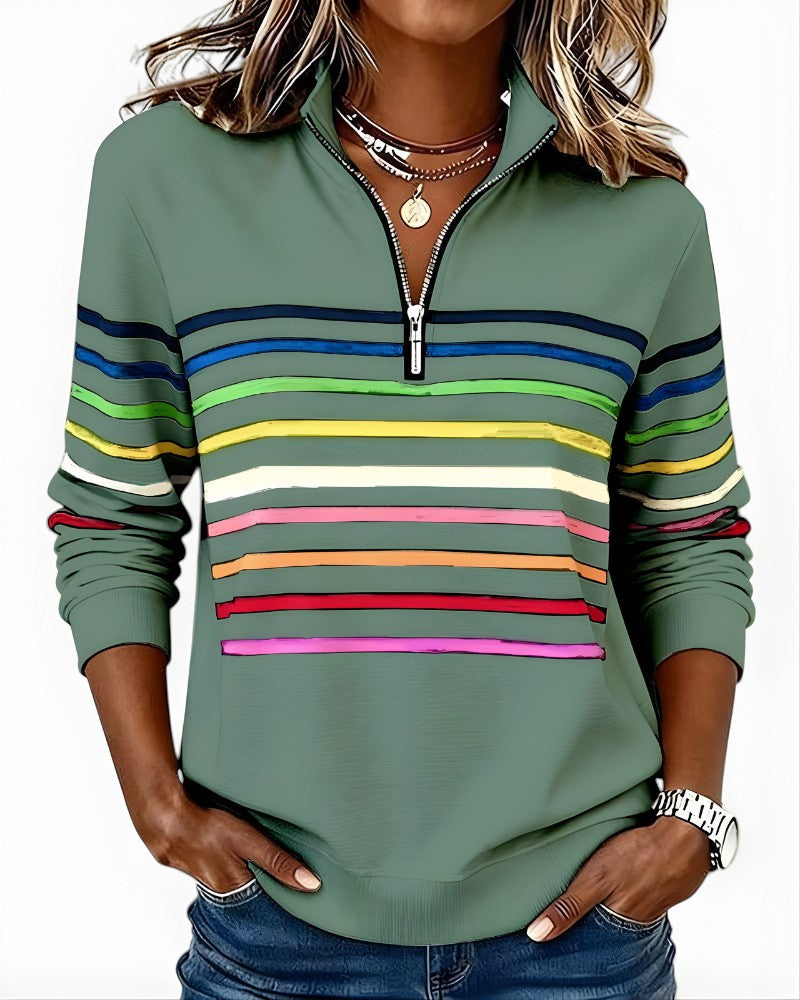 Sage green rainbow stripe quarter zip pullover, front view