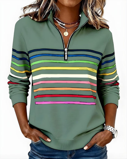 Sage green rainbow stripe quarter zip pullover, front view