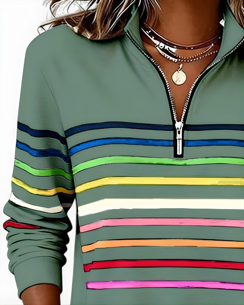 Close-up of the zip collar on the sage green rainbow stripe pullover