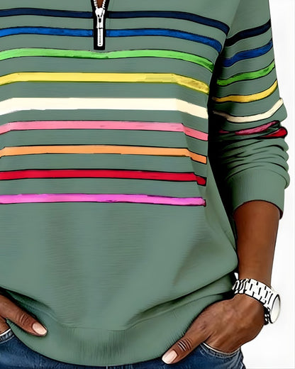 Close-up of the stripes and ribbed hem on the sage green pullover