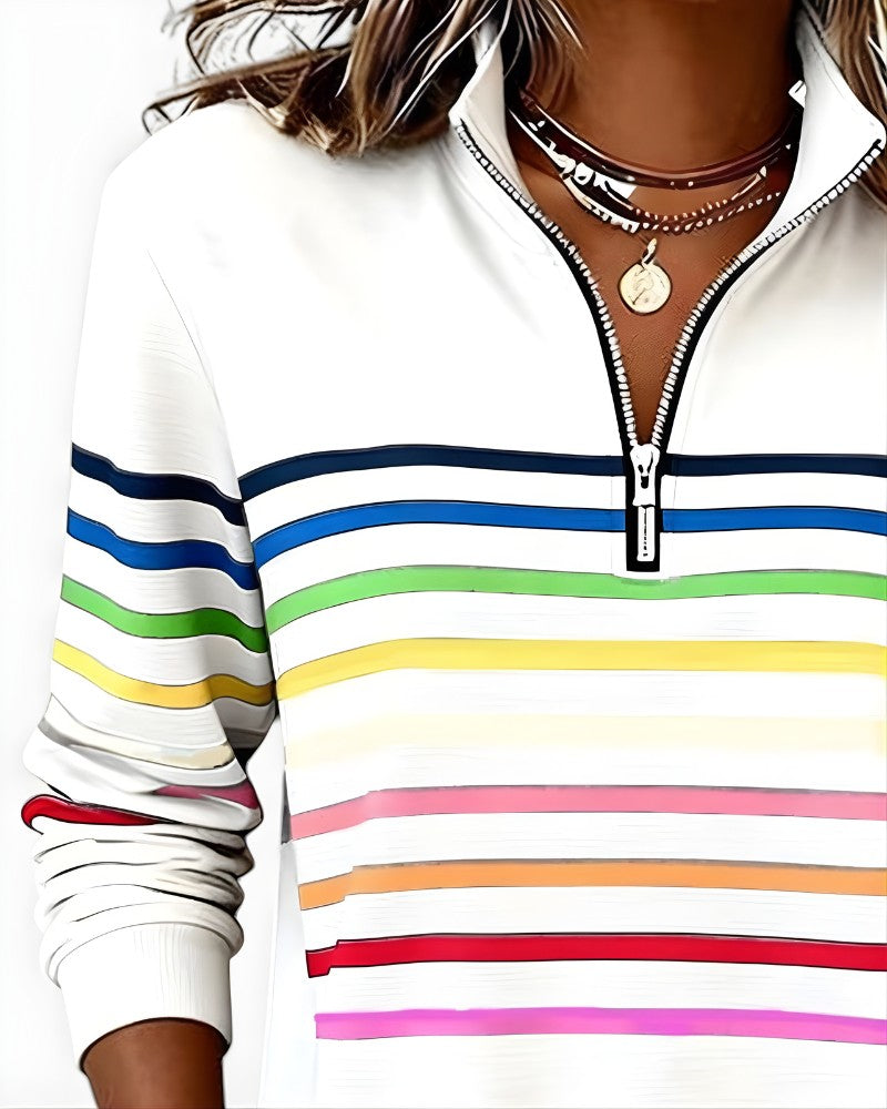 Close-up of the zip collar on the white rainbow stripe pullover