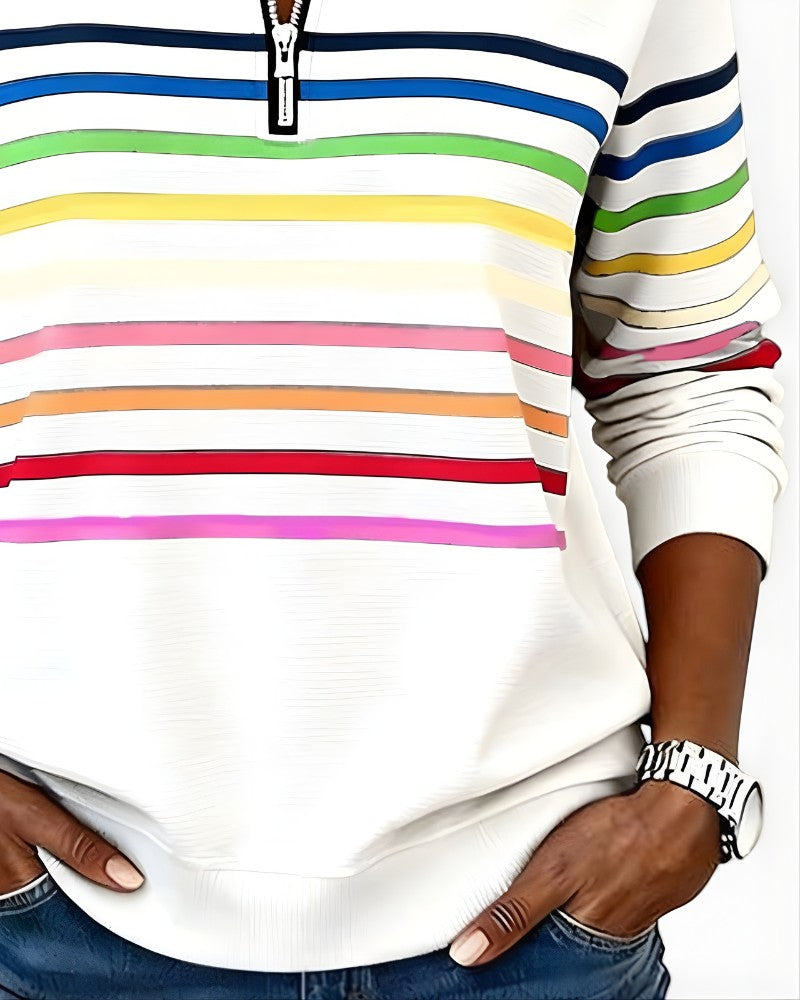 Close-up of the stripes and ribbed hem on the white pullover
