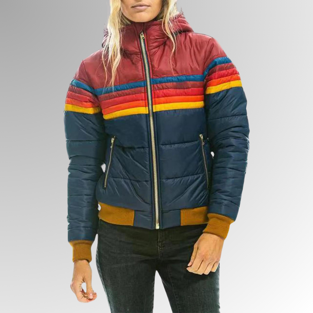 Hooded padded jacket in navy and burgundy with retro rainbow chest stripes