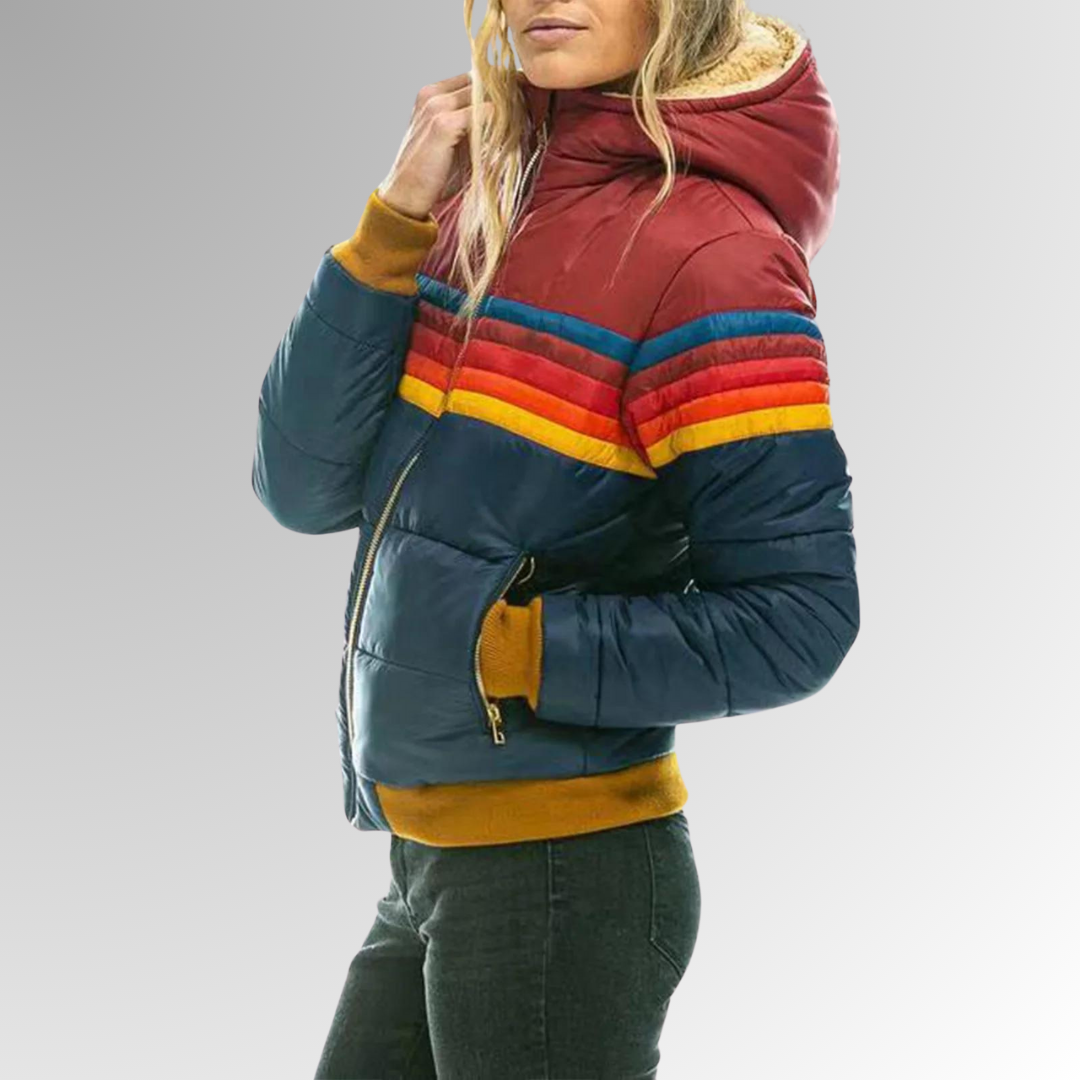 Padded hooded jacket in navy and burgundy with retro rainbow chest stripes