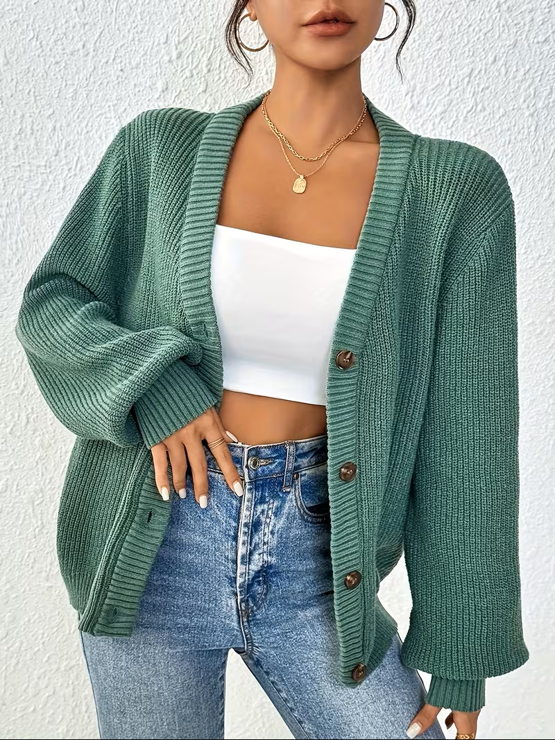 Ribbed Drop Shoulder Cardigan in Navy | Valenira