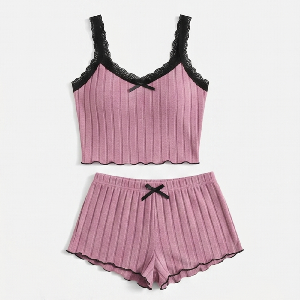 Ribbed Lace-Trim Cami Set