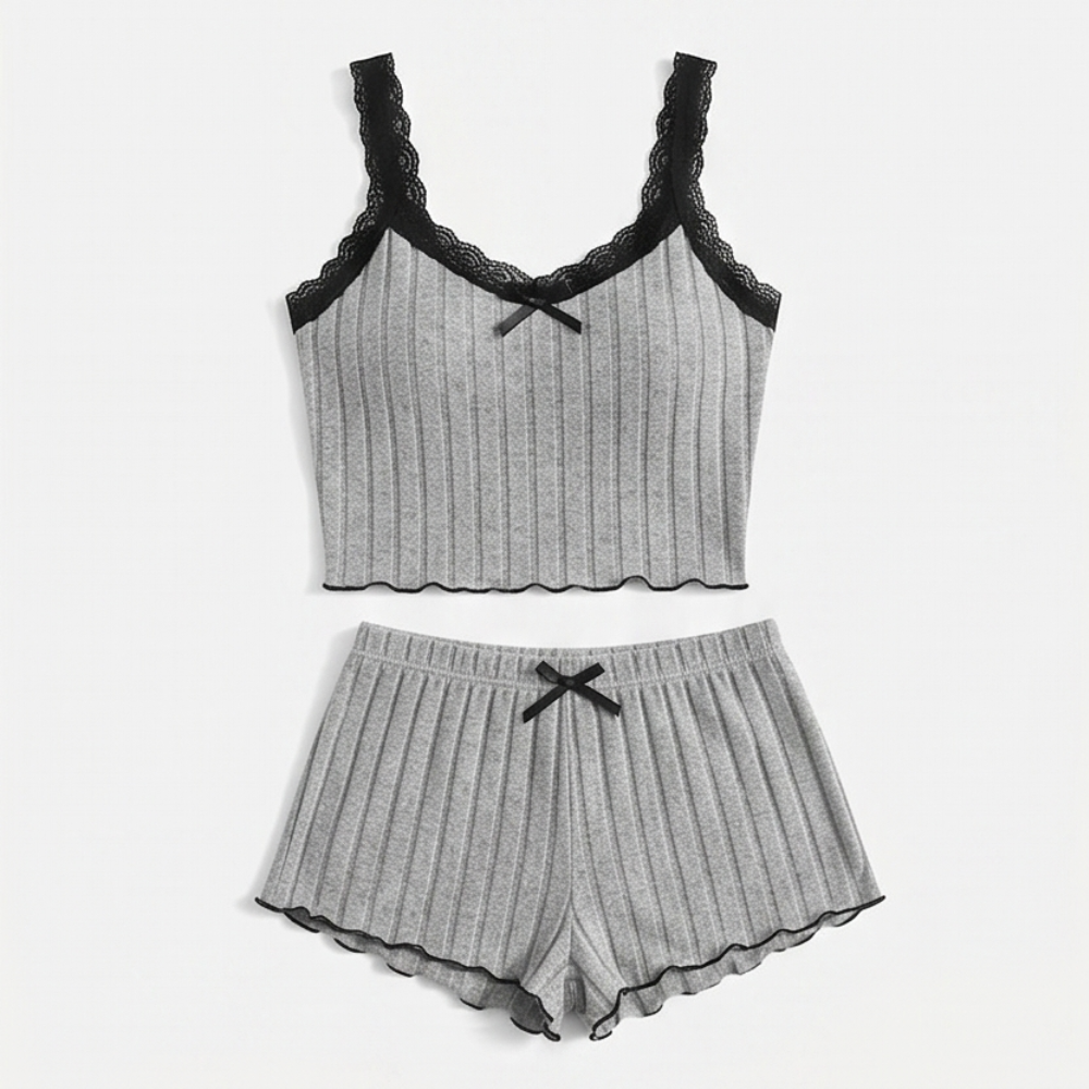 Ribbed Lace-Trim Cami Set
