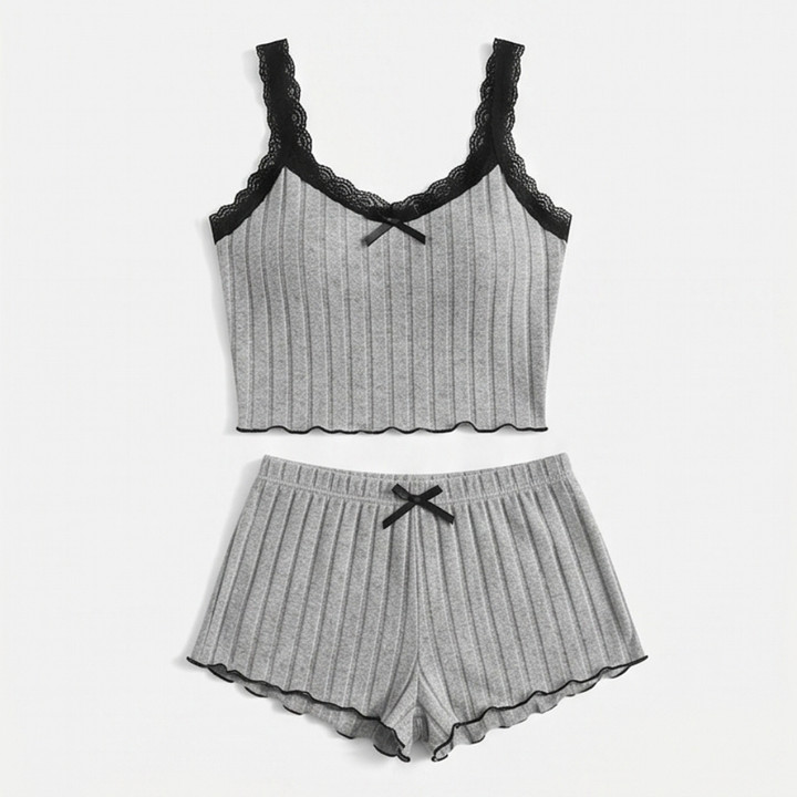 Ribbed Lace-Trim Cami Set