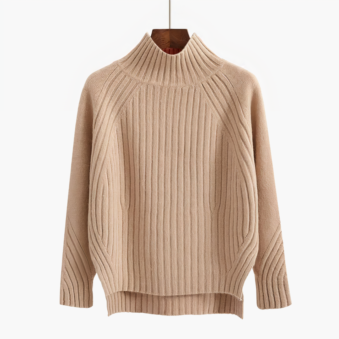 Beige wide rib mock neck sweater on a hanger with side slits