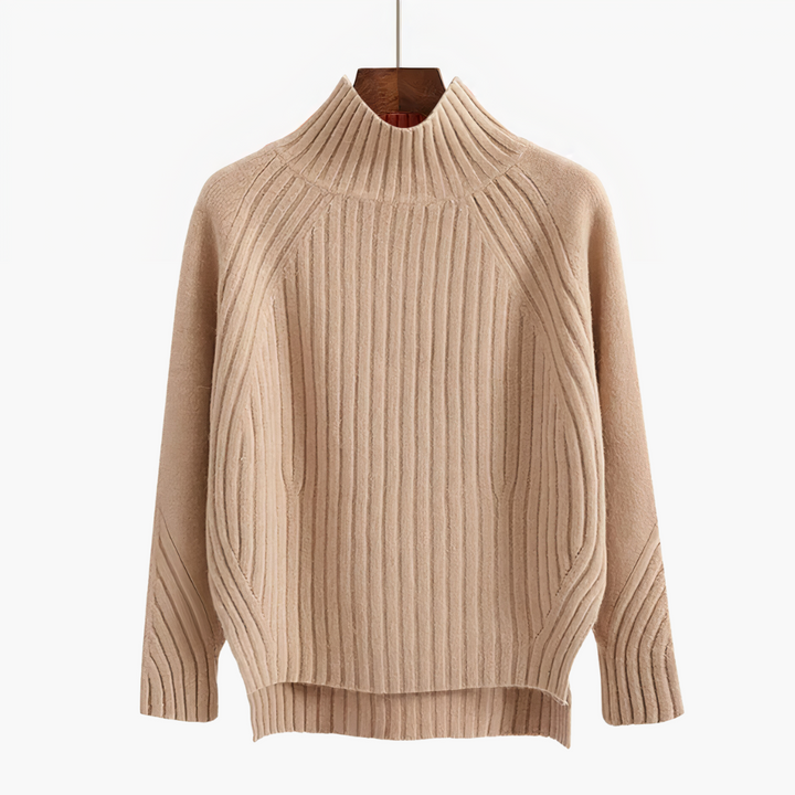 Beige wide rib mock neck sweater on a hanger with side slits
