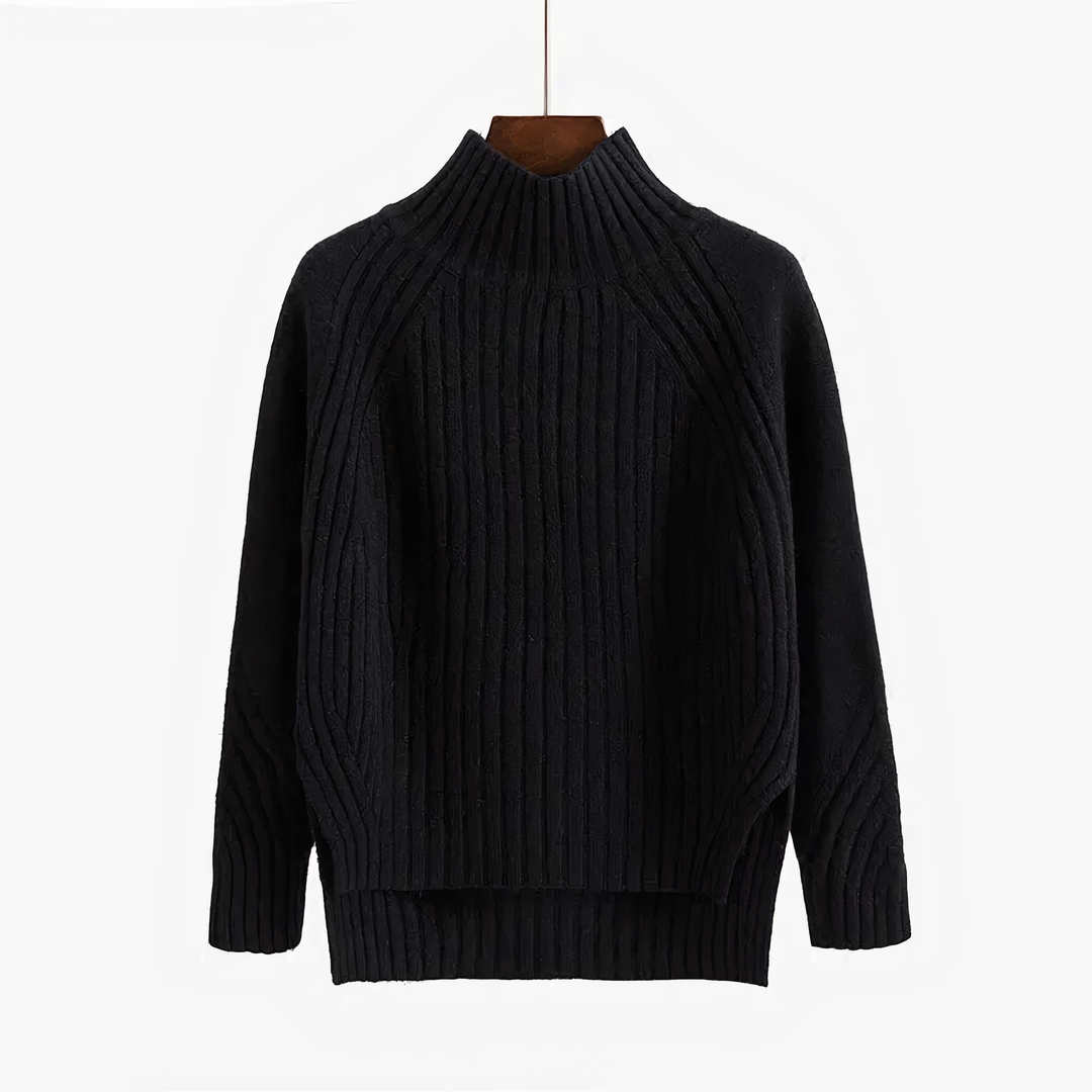 Black wide rib mock neck sweater on a hanger, standing mock collar